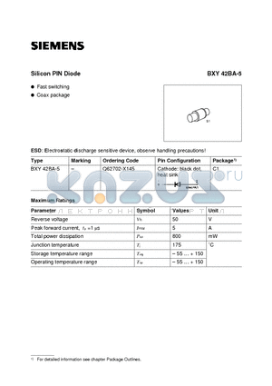 BXY42BA-5 datasheet - Silicon PIN Diode (Fast switching Coax package)
