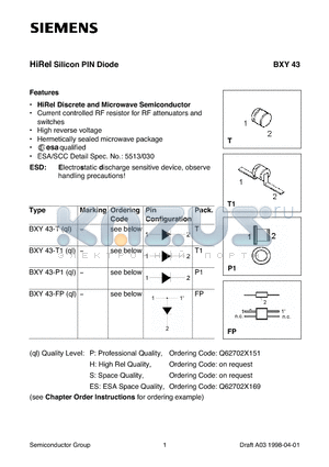 BXY43-T datasheet - HiRel Silicon PIN Diode (HiRel Discrete and Microwave Semiconductor Current controlled RF resistor for RF attenuators and switches)