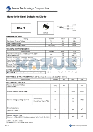BAV74 datasheet - MONOLITHIC DUAL SWITCHING DIODE