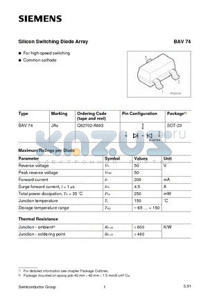 BAV74 datasheet - Silicon Switching Diode Array (For high-speed switching Common cathode)