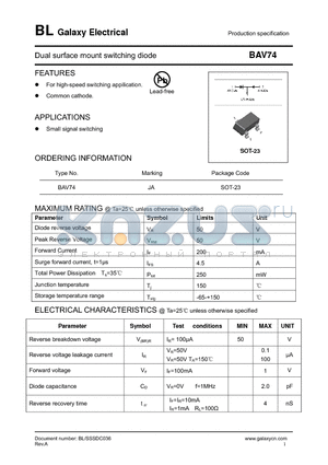 BAV74 datasheet - Dual surface mount switching diode