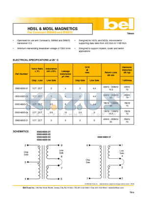 0560-6600-21 datasheet - HDSL & MDSL MAGNETICS For Conexant Bt8960 and Bt8970