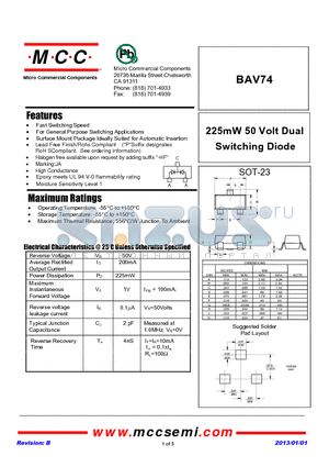 BAV74_13 datasheet - 225mW 50 Volt Dual Switching Diode