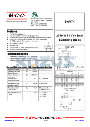 BAV74 datasheet - 225mW 50 Volt Dual Switching Diode