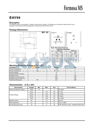 BAV99 datasheet - The BAV99 consists of two diodes in a plastic surface mount package