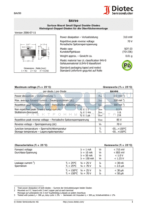 BAV99 datasheet - Surface Mount Small Signal Double-Diodes