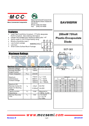 BAV99BRW_13 datasheet - 200mW 75Volt Plastic-Encapsulate Diode