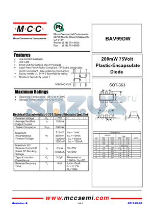 BAV99DW datasheet - 200mW 75Volt Plastic-Encapsulate Diode