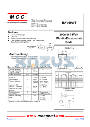 BAV99WT datasheet - 200mW 75Volt Plastic-Encapsulate Diode