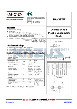BAV99WT datasheet - 200mW 75Volt Plastic-Encapsulate Diode