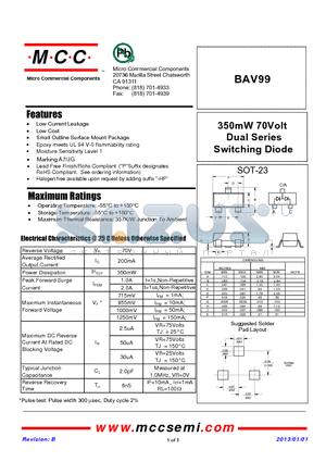 BAV99_13 datasheet - 350mW 70Volt Dual Series Switching Diode