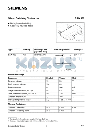 BAW100 datasheet - Silicon Switching Diode Array (For high-speed switching Electrically insulated diodes)