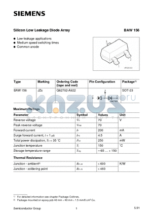BAW156 datasheet - Silicon Low Leakage Diode Array (Low-leakage applications Medium speed switching times Common anode)