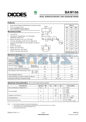 BAW156-7-F datasheet - DUAL SURFACE MOUNT LOW LEAKAGE DIODE