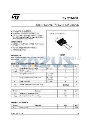 BY223-600 datasheet - FAST RECOVERY RECTIFIER DIODES
