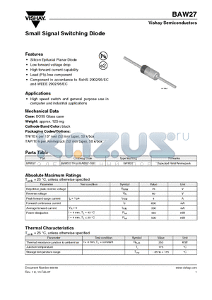 BAW27-TAP datasheet - Small Signal Switching Diode