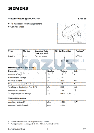 BAW56 datasheet - Silicon Switching Diode Array (For high-speed switching applications Common anode)