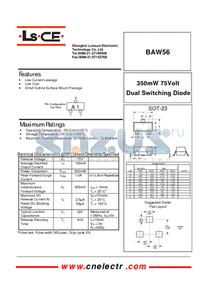 BAW56 datasheet - 350mw 75volt dual switching diode