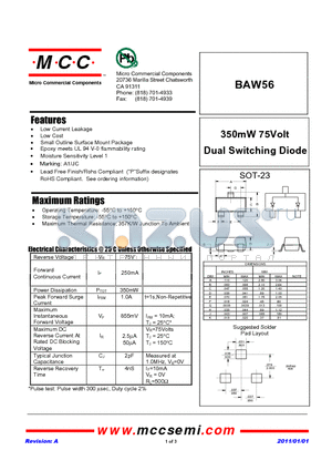 BAW56 datasheet - 350mW 75Volt Dual Switching Diode