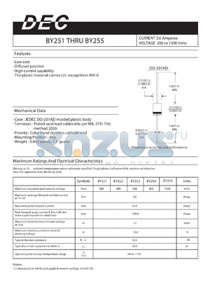 BY251 datasheet - CURRENT 3.0 Amperes VOLTAGE 200 to 1300 Volts