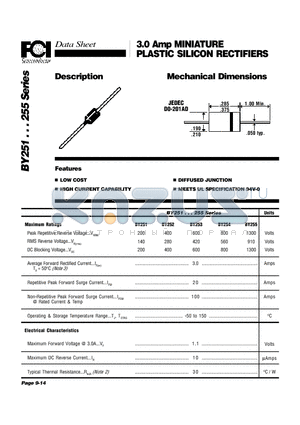 BY251 datasheet - 3.0 Amp MINIATURE PLASTIC SILICON RECTIFIERS