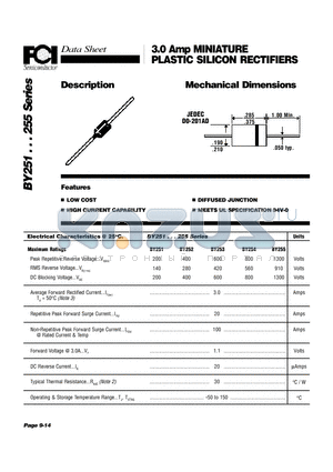 BY253 datasheet - 3.0 Amp MINIATURE PLASTIC SILICON RECTIFIERS