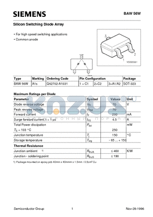 BAW56W datasheet - Silicon Switching Diode Array (For high speed switching applications Common anode)