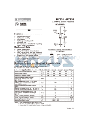 BY254 datasheet - 3.0 AMPS. Silicon Rectifiers