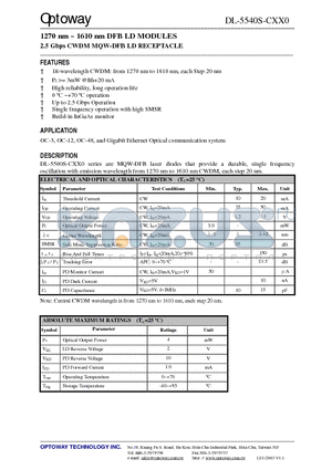 DL-5540-C270-SB datasheet - 1270 nm ~ 1610 nm DFB LD MODULES 2.5 Gbps CWDM MQW-DFB LD RECEPTACLE