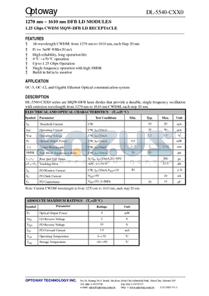 DL-5540-C290-T datasheet - 1270 nm ~ 1610 nm DFB LD MODULES 1.25 Gbps CWDM MQW-DFB LD RECEPTACLE