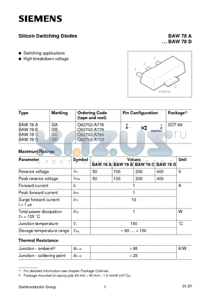 BAW78B datasheet - Silicon Switching Diodes (Switching applications High breakdown voltage)