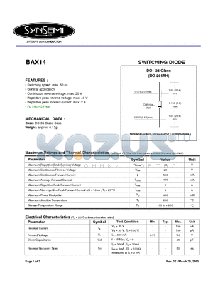 BAX14 datasheet - SWITCHING DIODE