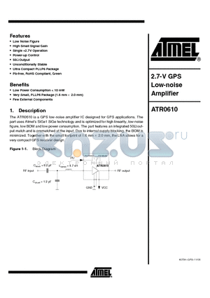 ATR0610-PQQ datasheet - 2.7-V GPS Low-noise Amplifier