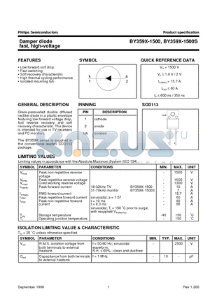 BY359X-1500 datasheet - Damper diode fast, high-voltage