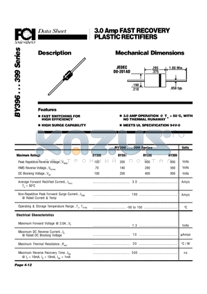 BY396 datasheet - 3.0 Amp FAST RECOVERY PLASTIC RECTIFIERS