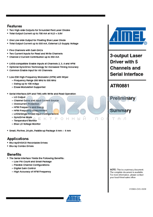 ATR0881-PTQW datasheet - 3-output Laser Driver with 5 Channels and Serial Interface