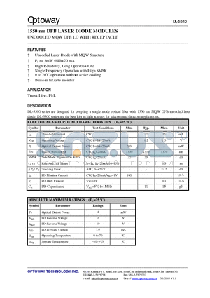 DL-5540S-FBS datasheet - 1550 nm DFB LASER DIODE MODULES UNCOOLED MQW DFB LD WITH RECEPTACLE