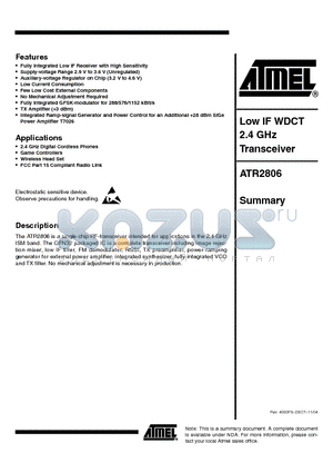 ATR2806 datasheet - LOW IF WDCT 2.4 GHz TRANSCEIVER