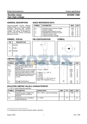 BY459F-1500 datasheet - Rectifier diode fast, high-voltage