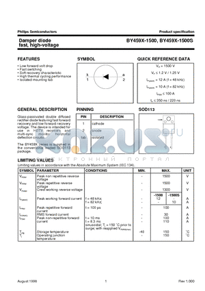 BY459X-1500S datasheet - Damper diode fast, high-voltage