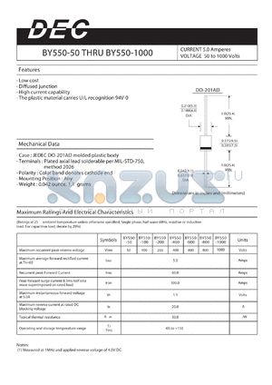 BY550-100 datasheet - CURRENT 5.0 Amperes VOLTAGE 50 to 1000 Volts