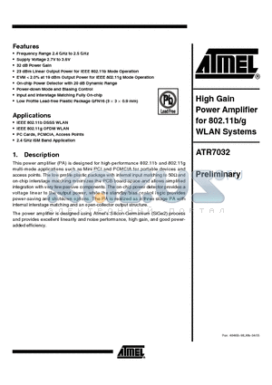 ATR7032 datasheet - High Gain Power Amplifier for 802.11bg WLAN Systems