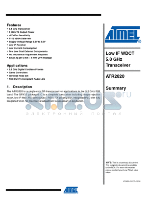 ATR2820-PNQG datasheet - Low IF WDCT 5.8 GHz Transceiver