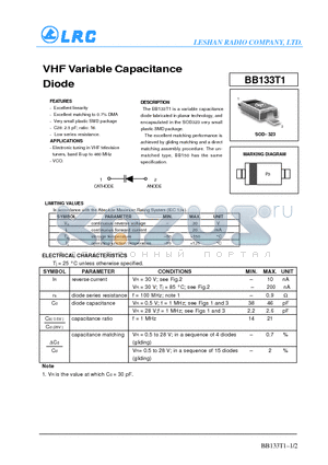 BB133T1 datasheet - VHF Variable Capacitance Diode