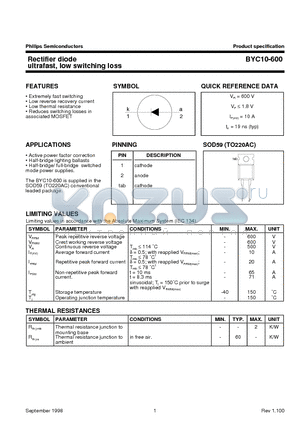 BYC10-600 datasheet - Rectifier diode ultrafast, low switching loss