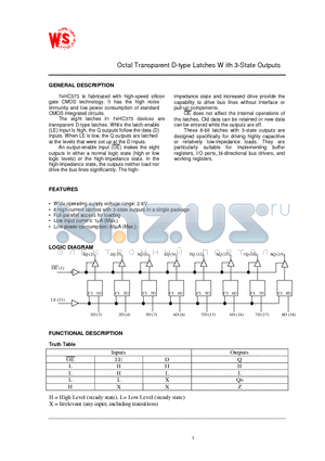 74HC373 datasheet - Octal Transparent D-type Latches W ith 3-State Outputs