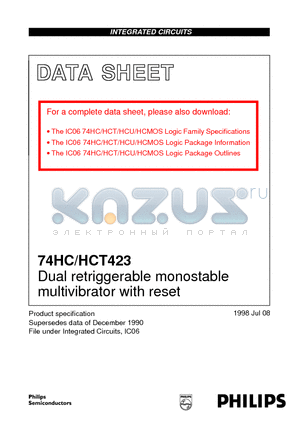 74HC423 datasheet - Dual retriggerable monostable multivibrator with reset