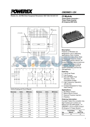 CM20MD1-12H datasheet - CI Module Three Phase Converter  Three Phase Inverter 20 Amperes/600 Volts