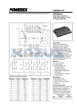 CM20MD-12H datasheet - CIB Module Three Phase Converter  Three Phase Inverter  Brake 20 Amperes/600 Volts