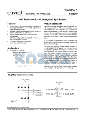 CM2010-02MS datasheet - VGA Port Protection with Integrated Sync Buffers